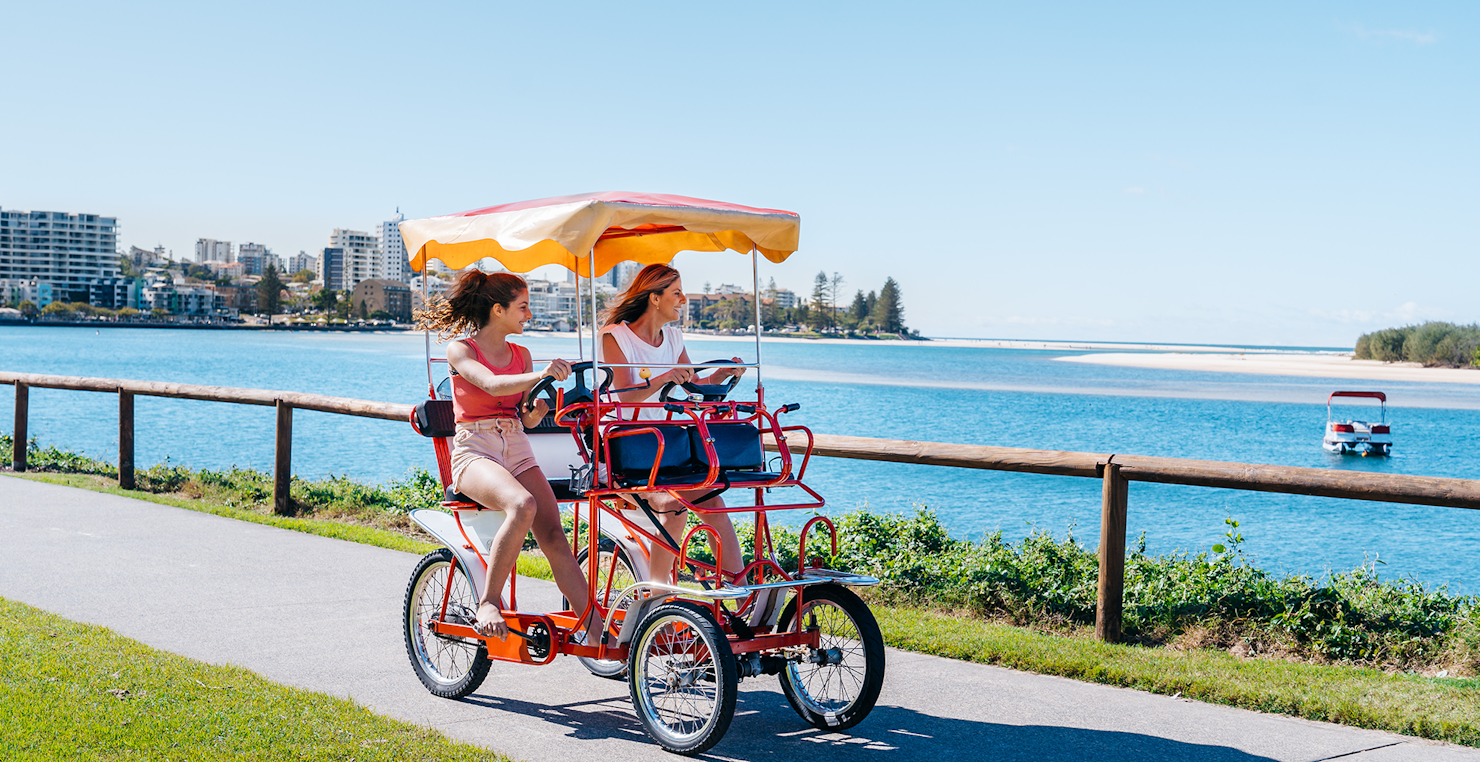 Morning cycle on the 4 wheel Surrey bike from Bills Boat Hire in Caloundra 